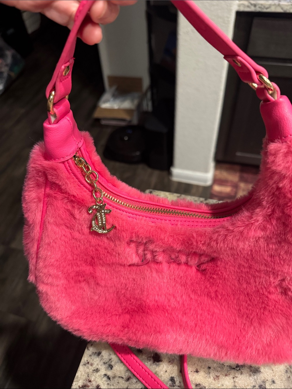 Bird by Juicy Couture Hot Pink Faux Fur Mini Shoulder Bag with Gold Anchor Charm